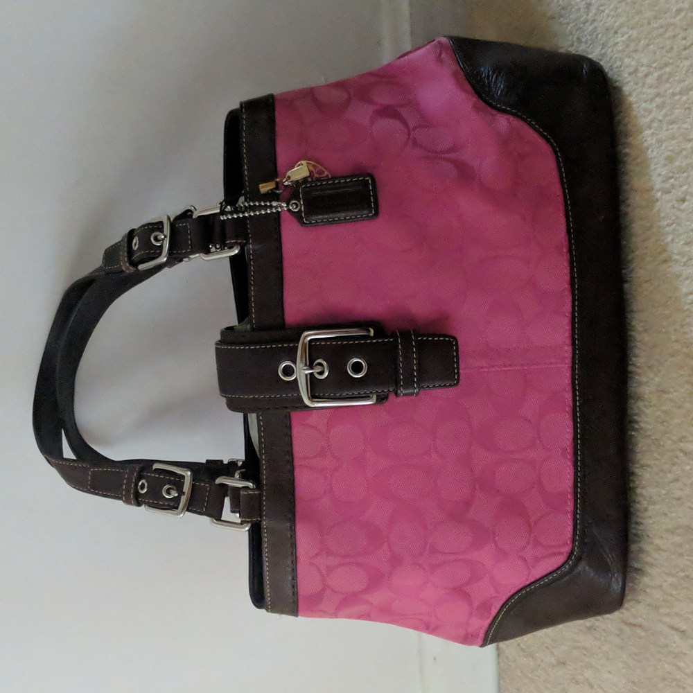 COACH F13021 Pink Canvas Brown Leather Handbag